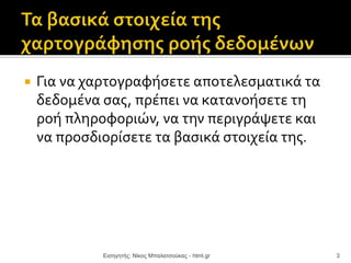  Για να χαρτογραφήσετε αποτελεσματικά τα
δεδομένα σας, πρέπει να κατανοήσετε τη
ροή πληροφοριών, να την περιγράψετε και
να προσδιορίσετε τα βασικά στοιχεία της.
Εισηγητής: Νίκος Μπαλατσούκας - html.gr 3
 