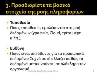  Τοποθεσία
 Ποιες τοποθεσίες εμπλέκονται στη ροή
δεδομένων (γραφεία, Cloud, τρίτα μέρη
κ.λπ.);
 Ευθύνη
 Ποιος είναι υπεύθυνος για τα προσωπικά
δεδομένα; Συχνά αυτό αλλάζει καθώς τα
δεδομένα μετακινούνται σε ολόκληρο τον
οργανισμό.Εισηγητής: Νίκος Μπαλατσούκας - html.gr 8
 
