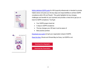4
NGA's definitive GDPR guide for HR & payroll professionals is intended to provide
helpful advice and gives you the key steps and responsibilities to achieve GDPR
compliance within HR and Payroll. This guide highlights the key changes,
challenges and benefits for your business and provides a check list to get you on
track for GDPR compliance. You’ll get:
• Your GDPR project check list
• 5 steps to GDPR compliance
• The key changes your HR team must be aware of
• Best practice pointers
Download your guide and get your organization ahead of GDPR.
Read the blog: Ghouls and Ghosts May be Scary, but GDPR is not.
 