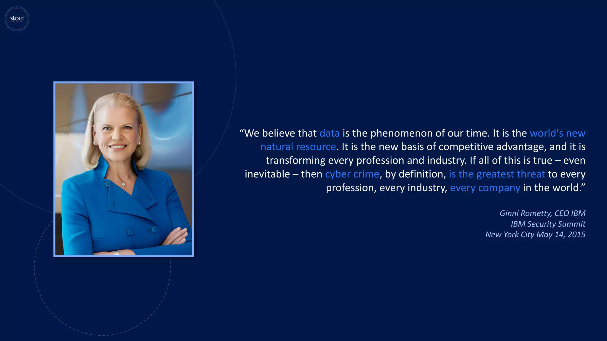 “We believe that data is the phenomenon of our time. It is the world's new
natural resource. It is the new basis of competitive advantage, and it is
transforming every profession and industry. If all of this is true – even
inevitable – then cyber crime, by definition, is the greatest threat to every
profession, every industry, every company in the world.”
Ginni Rometty, CEO IBM
IBM Security Summit
New York City May 14, 2015
 