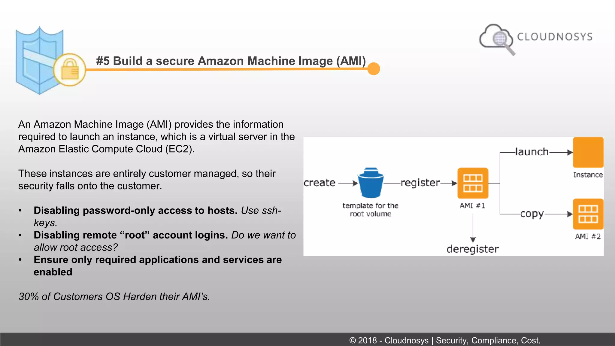 #5 Build a secure Amazon Machine Image (AMI)
An Amazon Machine Image (AMI) provides the information
required to launch an instance, which is a virtual server in the
Amazon Elastic Compute Cloud (EC2).
These instances are entirely customer managed, so their
security falls onto the customer.
• Disabling password-only access to hosts. Use ssh-
keys.
• Disabling remote “root” account logins. Do we want to
allow root access?
• Ensure only required applications and services are
enabled
30% of Customers OS Harden their AMI’s.
© 2018 - Cloudnosys | Security, Compliance, Cost.
 