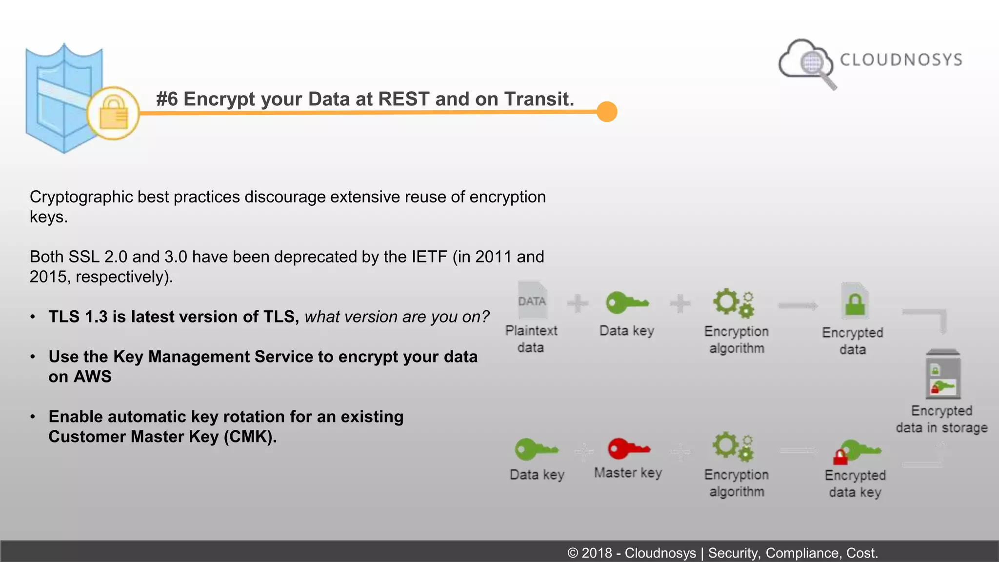 #6 Encrypt your Data at REST and on Transit.
Cryptographic best practices discourage extensive reuse of encryption
keys.
Both SSL 2.0 and 3.0 have been deprecated by the IETF (in 2011 and
2015, respectively).
• TLS 1.3 is latest version of TLS, what version are you on?
• Use the Key Management Service to encrypt your data
on AWS
• Enable automatic key rotation for an existing
Customer Master Key (CMK).
© 2018 - Cloudnosys | Security, Compliance, Cost.
 