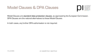 10 | pi © 2018 pi | contact@3-14.com | www.3-14.com
Model Clauses are standard data protection clauses, as approved by the European Commission.
DPA Clauses are the national alternatives to these Model Clauses.
In both cases, any further DPA authorisation is not required.
Model Clauses & DPA Clauses
 
