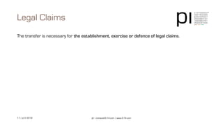 17 | pi © 2018 pi | contact@3-14.com | www.3-14.com
The transfer is necessary for the establishment, exercise or defence of legal claims.
Legal Claims
 