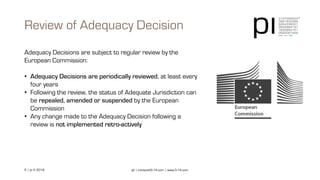 5 | pi © 2018 pi | contact@3-14.com | www.3-14.com
Adequacy Decisions are subject to regular review by the
European Commission:
• Adequacy Decisions are periodically reviewed, at least every
four years
• Following the review, the status of Adequate Jurisdiction can
be repealed, amended or suspended by the European
Commission
• Any change made to the Adequacy Decision following a
review is not implemented retro-actively
Review of Adequacy Decision
 