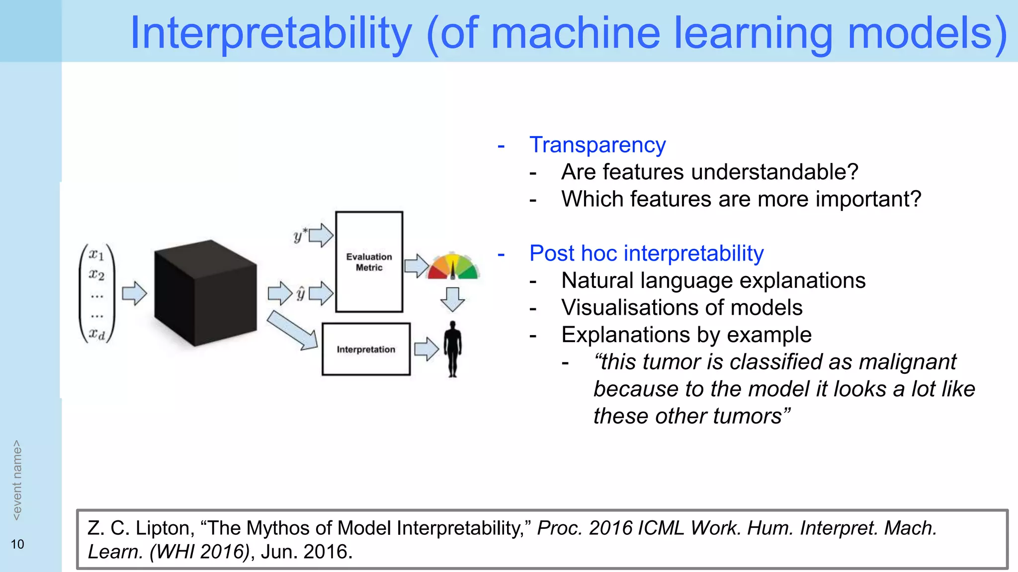 10
Interpretability (of machine learning models)
<eventname>
Z. C. Lipton, “The Mythos of Model Interpretability,” Proc. 2016 ICML Work. Hum. Interpret. Mach.
Learn. (WHI 2016), Jun. 2016.
- Transparency
- Are features understandable?
- Which features are more important?
- Post hoc interpretability
- Natural language explanations
- Visualisations of models
- Explanations by example
- “this tumor is classified as malignant
because to the model it looks a lot like
these other tumors”
 