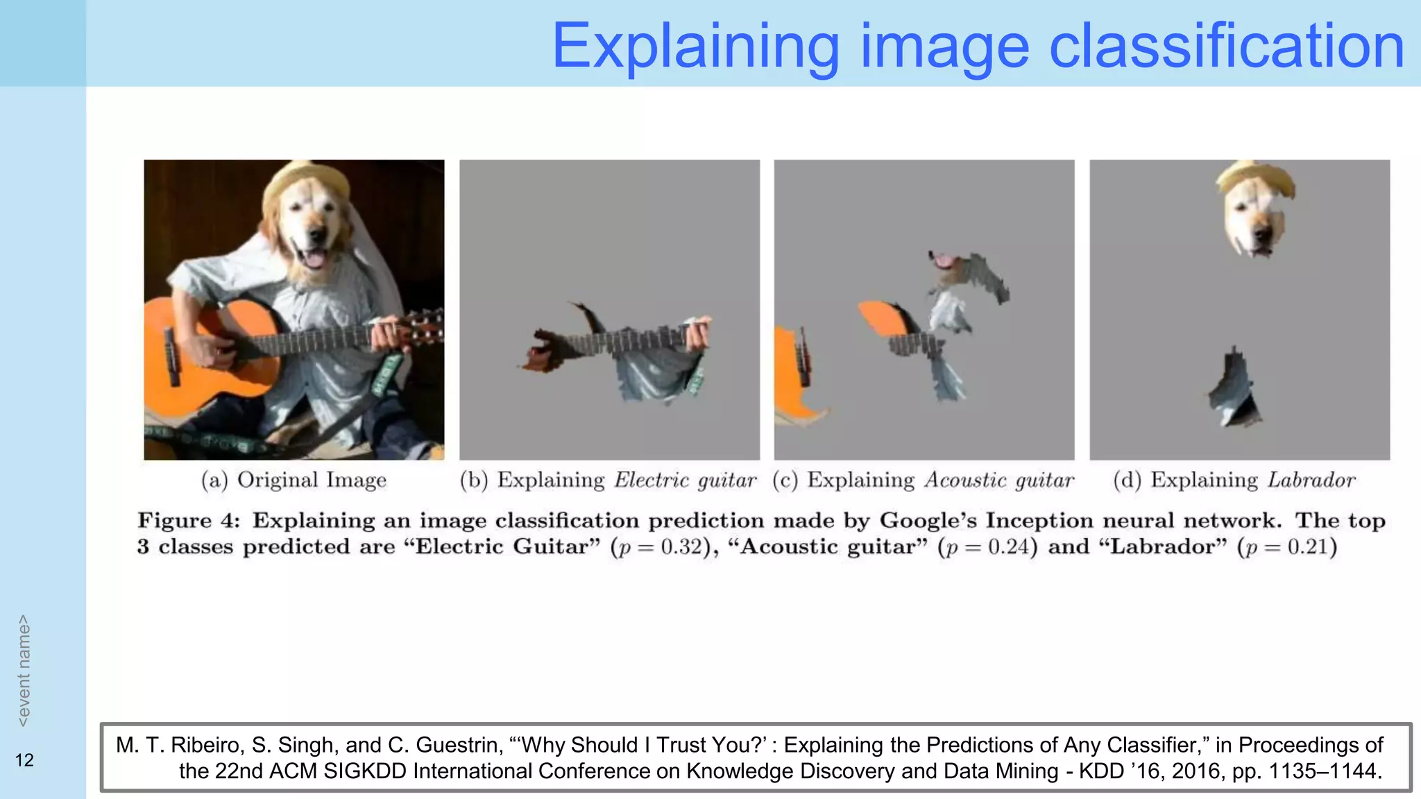 12
Explaining image classification
<eventname>
M. T. Ribeiro, S. Singh, and C. Guestrin, “‘Why Should I Trust You?’ : Explaining the Predictions of Any Classifier,” in Proceedings of
the 22nd ACM SIGKDD International Conference on Knowledge Discovery and Data Mining - KDD ’16, 2016, pp. 1135–1144.
 