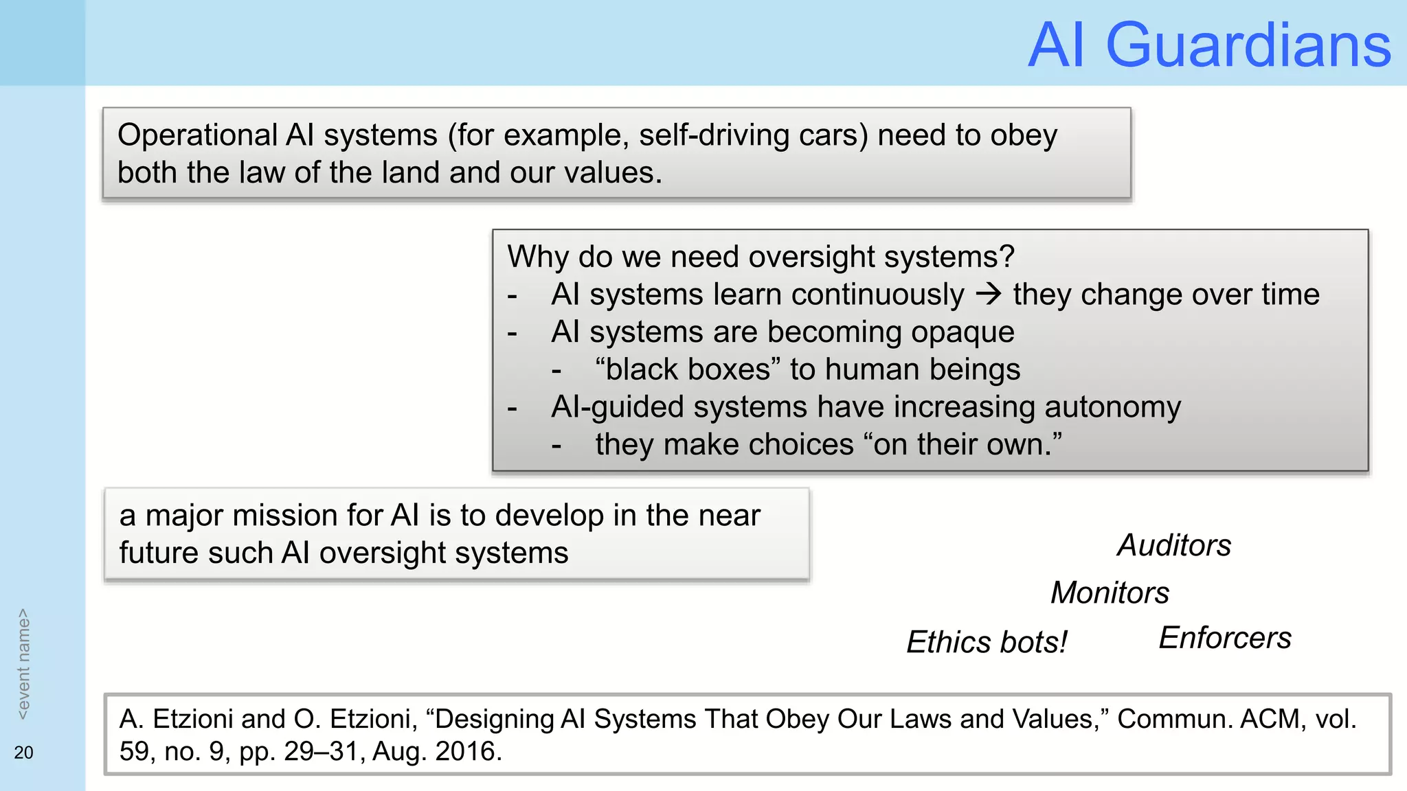 20
AI Guardians
<eventname>
A. Etzioni and O. Etzioni, “Designing AI Systems That Obey Our Laws and Values,” Commun. ACM, vol.
59, no. 9, pp. 29–31, Aug. 2016.
Operational AI systems (for example, self-driving cars) need to obey
both the law of the land and our values.
Why do we need oversight systems?
- AI systems learn continuously  they change over time
- AI systems are becoming opaque
- “black boxes” to human beings
- AI-guided systems have increasing autonomy
- they make choices “on their own.”
a major mission for AI is to develop in the near
future such AI oversight systems Auditors
Monitors
EnforcersEthics bots!
 