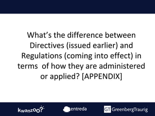 What’s the difference between
Directives (issued earlier) and
Regulations (coming into effect) in
terms of how they are ad...