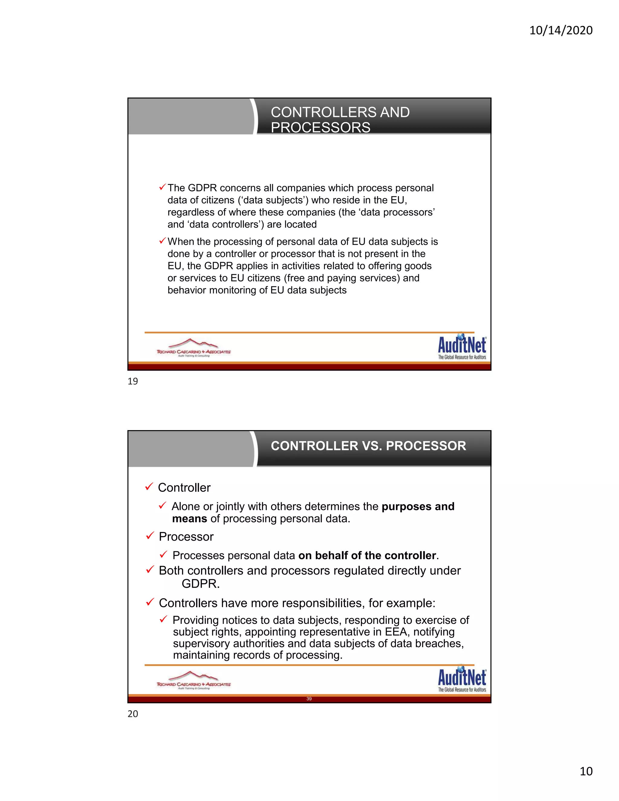 10/14/2020
10
CONTROLLERS AND
PROCESSORS
The GDPR concerns all companies which process personal
data of citizens (‘data subjects’) who reside in the EU,
regardless of where these companies (the ‘data processors’
and ‘data controllers’) are located
When the processing of personal data of EU data subjects is
done by a controller or processor that is not present in the
EU, the GDPR applies in activities related to offering goods
or services to EU citizens (free and paying services) and
behavior monitoring of EU data subjects
 Controller
 Alone or jointly with others determines the purposes and
means of processing personal data.
 Processor
 Processes personal data on behalf of the controller.
 Both controllers and processors regulated directly under
GDPR.
 Controllers have more responsibilities, for example:
 Providing notices to data subjects, responding to exercise of
subject rights, appointing representative in EEA, notifying
supervisory authorities and data subjects of data breaches,
maintaining records of processing.
39
CONTROLLER VS. PROCESSOR
19
20
 