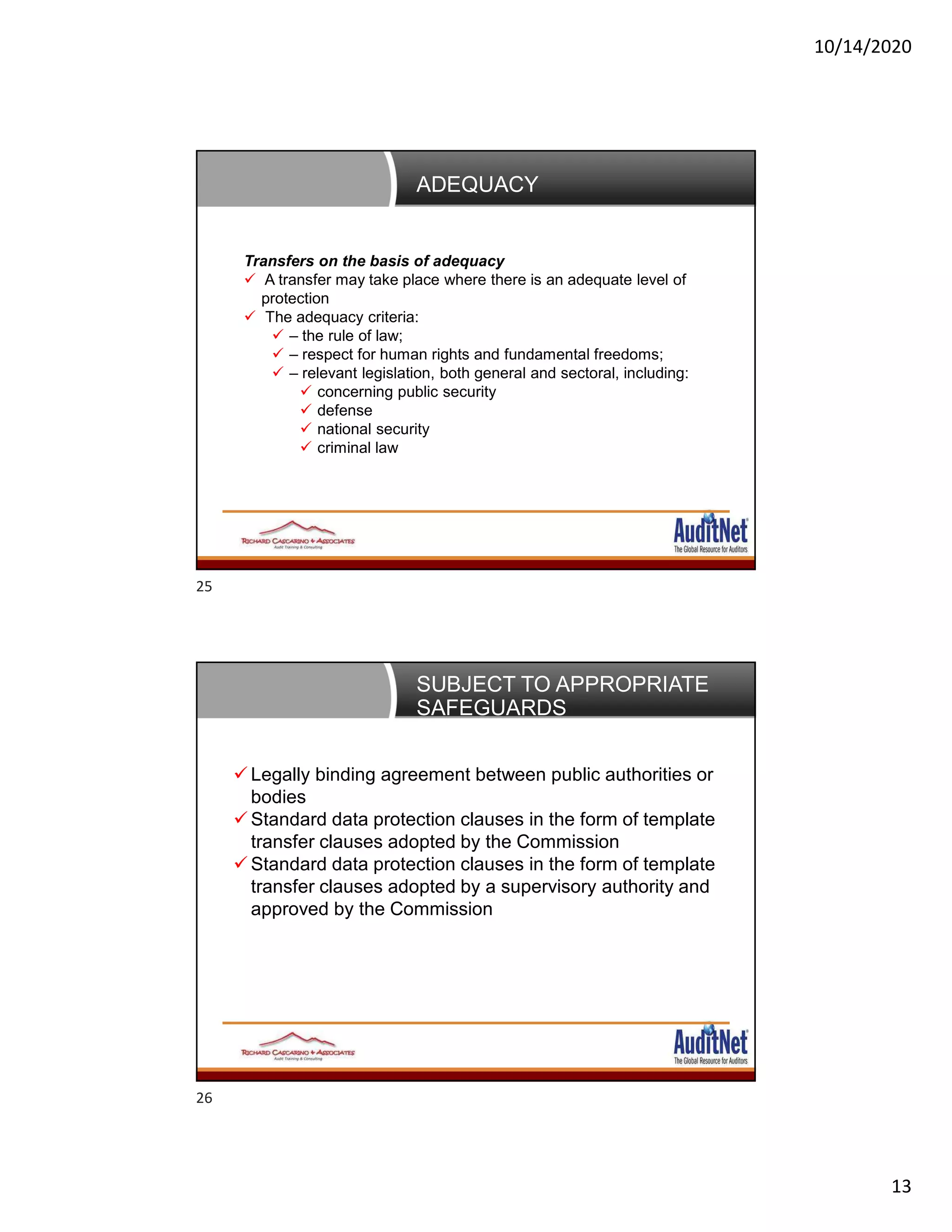 10/14/2020
13
ADEQUACY
Transfers on the basis of adequacy
 A transfer may take place where there is an adequate level of
protection
 The adequacy criteria:
 – the rule of law;
 – respect for human rights and fundamental freedoms;
 – relevant legislation, both general and sectoral, including:
 concerning public security
 defense
 national security
 criminal law
SUBJECT TO APPROPRIATE
SAFEGUARDS
 Legally binding agreement between public authorities or
bodies
 Standard data protection clauses in the form of template
transfer clauses adopted by the Commission
 Standard data protection clauses in the form of template
transfer clauses adopted by a supervisory authority and
approved by the Commission
25
26
 