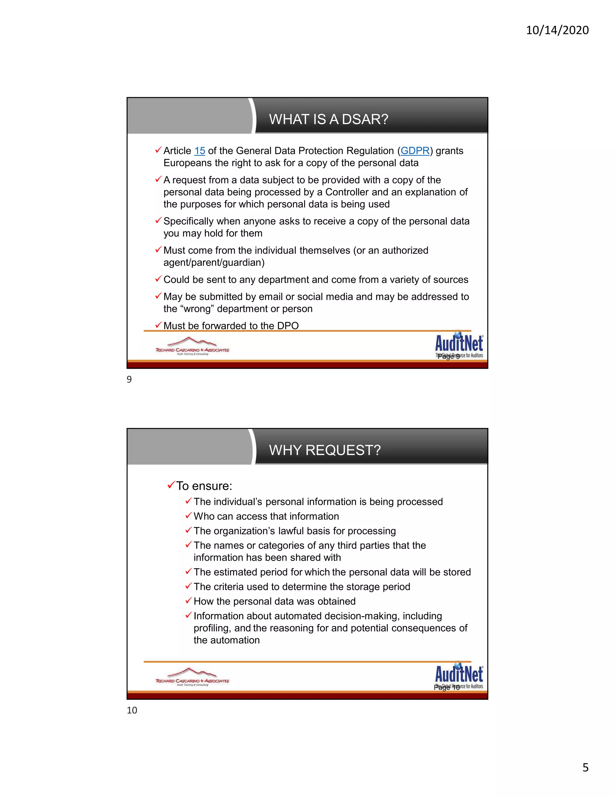 10/14/2020
5
WHAT IS A DSAR?
Page 9
Article 15 of the General Data Protection Regulation (GDPR) grants
Europeans the right to ask for a copy of the personal data
A request from a data subject to be provided with a copy of the
personal data being processed by a Controller and an explanation of
the purposes for which personal data is being used
Specifically when anyone asks to receive a copy of the personal data
you may hold for them
Must come from the individual themselves (or an authorized
agent/parent/guardian)
Could be sent to any department and come from a variety of sources
May be submitted by email or social media and may be addressed to
the “wrong” department or person
Must be forwarded to the DPO
WHY REQUEST?
Page 10
To ensure:
The individual’s personal information is being processed
Who can access that information
The organization’s lawful basis for processing
The names or categories of any third parties that the
information has been shared with
The estimated period for which the personal data will be stored
The criteria used to determine the storage period
How the personal data was obtained
Information about automated decision-making, including
profiling, and the reasoning for and potential consequences of
the automation
9
10
 