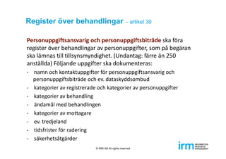 Register över behandlingar – artikel 30
Personuppgiftsansvarig och personuppgiftsbiträde ska föra 
register över behandlingar av personuppgifter, som på begäran 
ska lämnas till tillsynsmyndighet. (Undantag: färre än 250 
anställda) Följande uppgifter ska dokumenteras:
‐ namn och kontaktuppgifter för personuppgiftsansvarig och 
personuppgiftsbiträde och ev. dataskyddsombud
‐ kategorier av registrerade och kategorier av personuppgifter
‐ kategorier av behandling
‐ ändamål med behandlingen
‐ kategorier av mottagare
‐ ev. tredjeland
‐ tidsfrister för radering
‐ säkerhetsåtgärder
© IRM AB All rights reserved
 