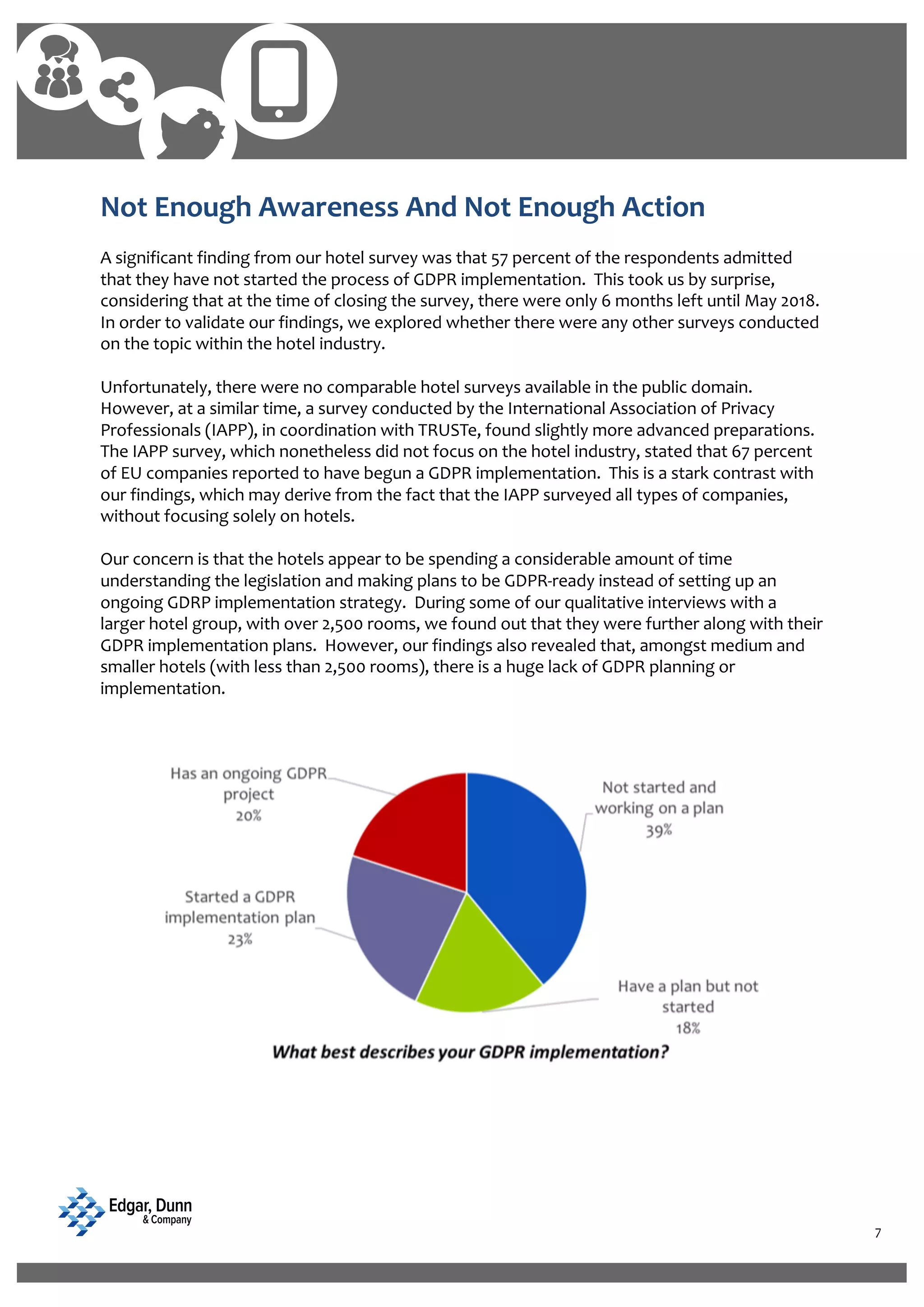 7
Not Enough Awareness And Not Enough Action
A significant finding from our hotel survey was that 57 percent of the respondents admitted
that they have not started the process of GDPR implementation. This took us by surprise,
considering that at the time of closing the survey, there were only 6 months left until May 2018.
In order to validate our findings, we explored whether there were any other surveys conducted
on the topic within the hotel industry.
Unfortunately, there were no comparable hotel surveys available in the public domain.
However, at a similar time, a survey conducted by the International Association of Privacy
Professionals (IAPP), in coordination with TRUSTe, found slightly more advanced preparations.
The IAPP survey, which nonetheless did not focus on the hotel industry, stated that 67 percent
of EU companies reported to have begun a GDPR implementation. This is a stark contrast with
our findings, which may derive from the fact that the IAPP surveyed all types of companies,
without focusing solely on hotels.
Our concern is that the hotels appear to be spending a considerable amount of time
understanding the legislation and making plans to be GDPR-ready instead of setting up an
ongoing GDRP implementation strategy. During some of our qualitative interviews with a
larger hotel group, with over 2,500 rooms, we found out that they were further along with their
GDPR implementation plans. However, our findings also revealed that, amongst medium and
smaller hotels (with less than 2,500 rooms), there is a huge lack of GDPR planning or
implementation.
 