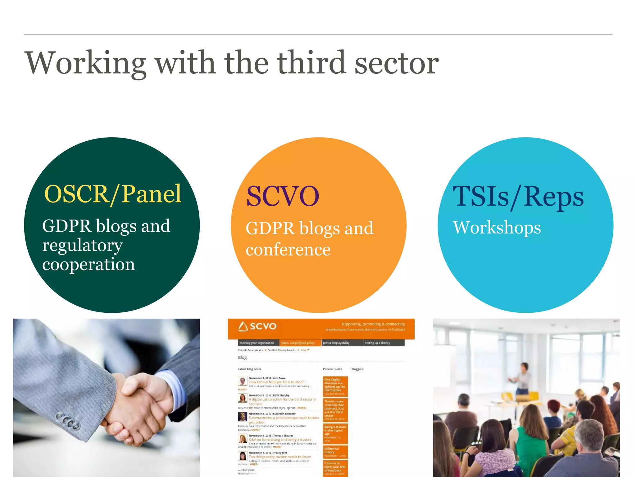 Working with the third sector
GDPR blogs and
regulatory
cooperation
OSCR/Panel SCVO
GDPR blogs and
conference
TSIs/Reps
Workshops
 