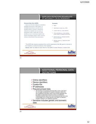 6/17/2020
12
GDPR DATA DEFINITIONS REGARDLESS
OF NATIONALITY OR EU RESIDENCE
23
Personal Data (from GDPR)
“…means any information relating to an identified or
identifiable natural person ('data subject'); an
identifiable natural person is one who can be
identified, directly or indirectly, in particular by
reference to an identifier such as a name, an
identification number, location data, an online
identifier or to one or more factors specific to the
physical, physiological, genetic, mental, economic,
cultural or social identity of that natural person.”
Examples:
• Name
• Identification number (e.g., SSN)
• Location data (e.g., home address)
• Online identifier (e.g., e-mail address,
screen names, IP address, device IDs)
• Genetic data (e.g., biological samples
from an individual)
• Biometric data (e.g., fingerprints, facial
recognition)
“The GDPR also requires compliance from non-EU organizations that offer goods or services to
EU residents or monitor the behavior of EU residents.”
Source: Brief: You Need An Action Plan For The GDPR; Forrester Research; October 2016
ADDITIONAL PERSONAL DATA
DEFINITIONS
 Online identifiers
 Device identifiers
 Cookie IDs
 IP addresses
 Pseudonymized data
 (the technique of processing personal data in such a way that it
can no longer be attributed to a specific individual, without the
use of additional information which must be kept separately and
be subject to appropriate security to ensure non-attribution.
Pseudoanonymised data is still a form of personal data but its use
is encouraged (e.g. for extra security of the data, for historical /
scientific research or for statistical purposes).
 Sensitive includes genetic and biometric
data
23
24
 