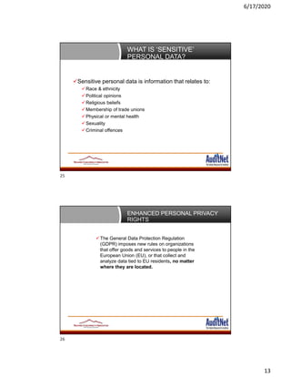 6/17/2020
13
WHAT IS ‘SENSITIVE’
PERSONAL DATA?
Sensitive personal data is information that relates to:
Race & ethnicity
Political opinions
Religious beliefs
Membership of trade unions
Physical or mental health
Sexuality
Criminal offences
ENHANCED PERSONAL PRIVACY
RIGHTS
The General Data Protection Regulation
(GDPR) imposes new rules on organizations
that offer goods and services to people in the
European Union (EU), or that collect and
analyze data tied to EU residents, no matter
where they are located.
25
26
 