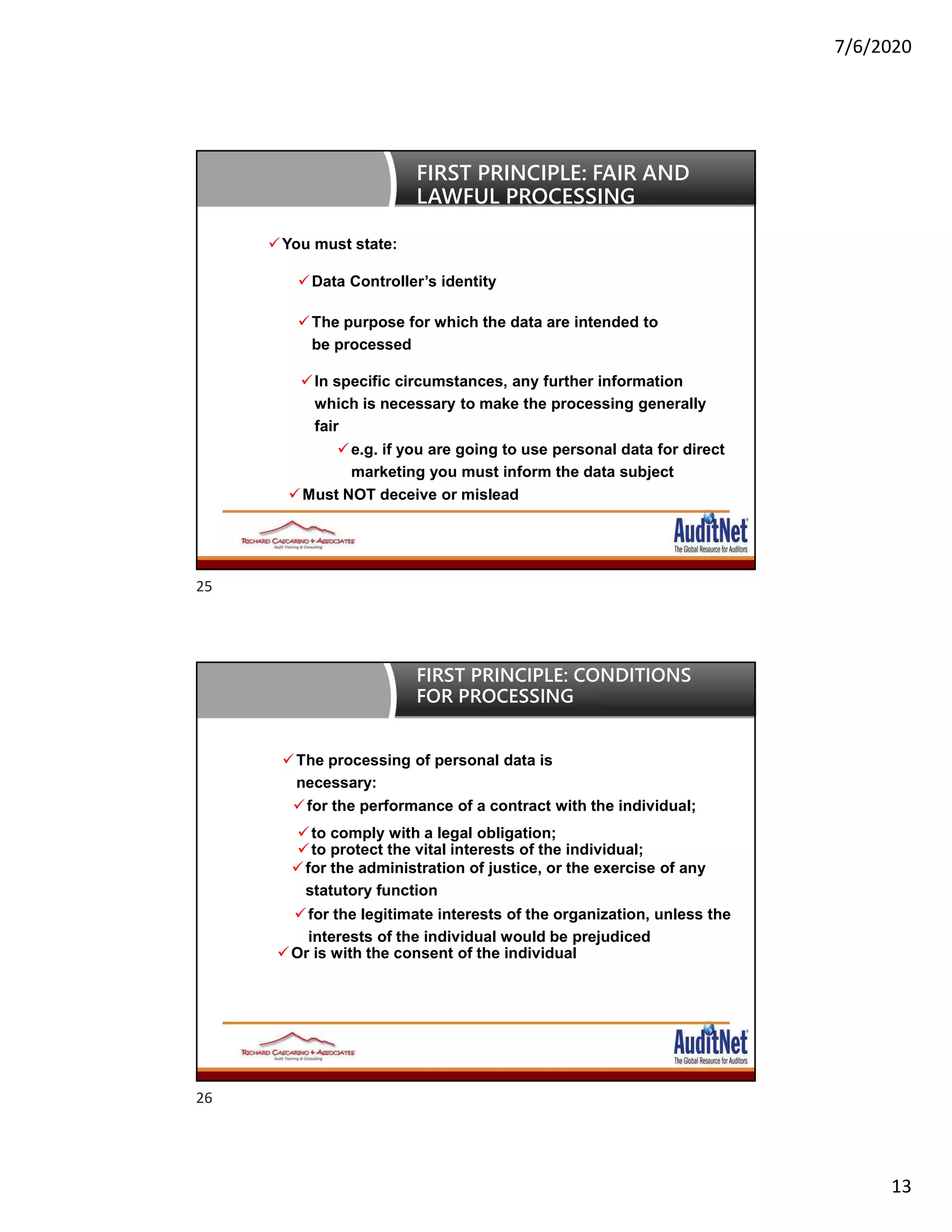 7/6/2020
13
You must state:
Data Controller’s identity
The purpose for which the data are intended to
be processed
In specific circumstances, any further information
which is necessary to make the processing generally
fair
e.g. if you are going to use personal data for direct
marketing you must inform the data subject
Must NOT deceive or mislead
FIRST PRINCIPLE: FAIR AND
LAWFUL PROCESSING
The processing of personal data is
necessary:
for the performance of a contract with the individual;
to comply with a legal obligation;
to protect the vital interests of the individual;
for the administration of justice, or the exercise of any
statutory function
for the legitimate interests of the organization, unless the
interests of the individual would be prejudiced
Or is with the consent of the individual
FIRST PRINCIPLE: CONDITIONS
FOR PROCESSING
25
26
 