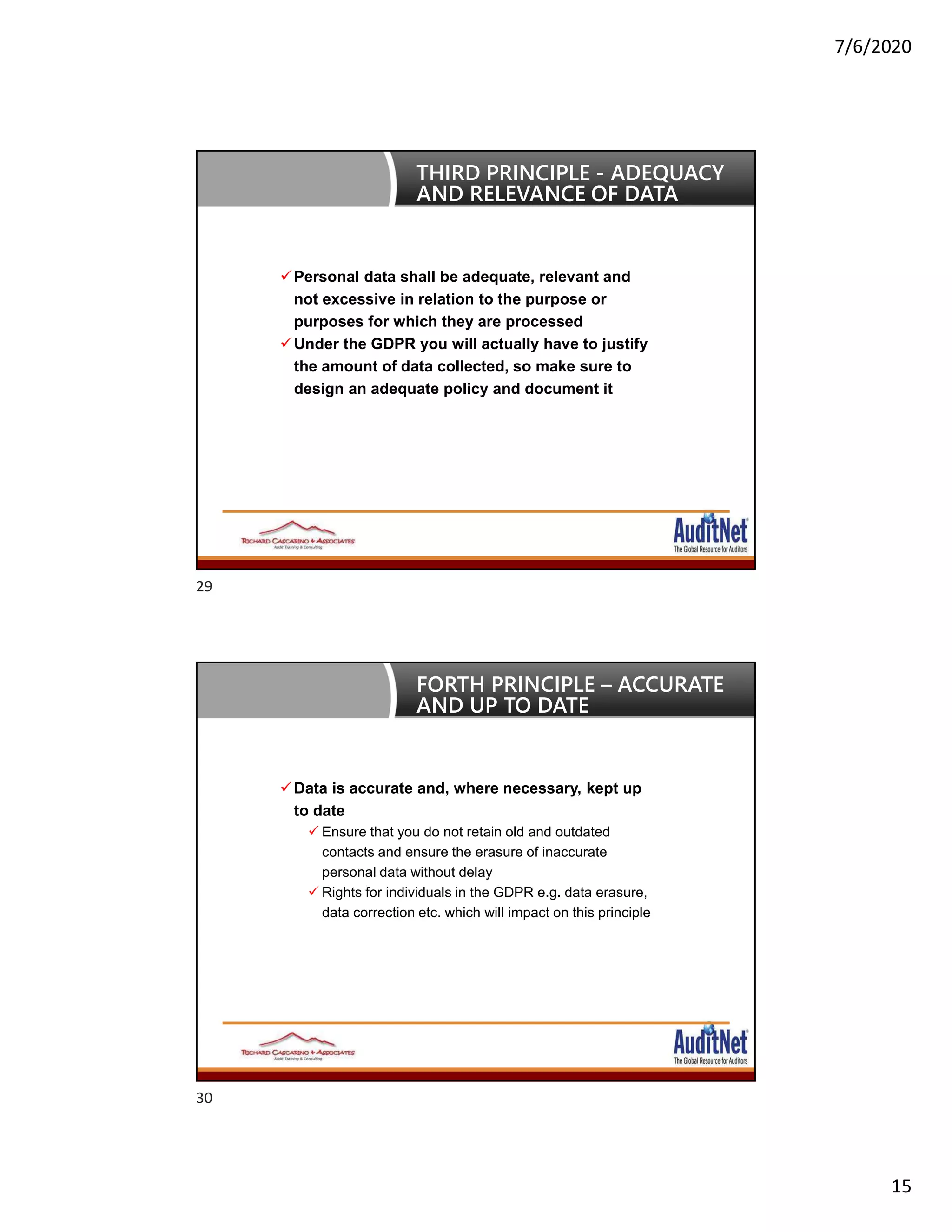 7/6/2020
15
Personal data shall be adequate, relevant and
not excessive in relation to the purpose or
purposes for which they are processed
Under the GDPR you will actually have to justify
the amount of data collected, so make sure to
design an adequate policy and document it
THIRD PRINCIPLE - ADEQUACY
AND RELEVANCE OF DATA
Data is accurate and, where necessary, kept up
to date
 Ensure that you do not retain old and outdated
contacts and ensure the erasure of inaccurate
personal data without delay
 Rights for individuals in the GDPR e.g. data erasure,
data correction etc. which will impact on this principle
FORTH PRINCIPLE – ACCURATE
AND UP TO DATE
29
30
 