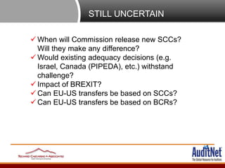 STILL UNCERTAIN
 When will Commission release new SCCs?
Will they make any difference?
 Would existing adequacy decision...