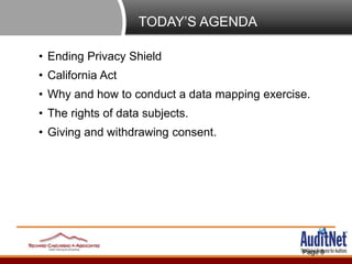 TODAY’S AGENDA
Page 8
• Ending Privacy Shield
• California Act
• Why and how to conduct a data mapping exercise.
• The rig...