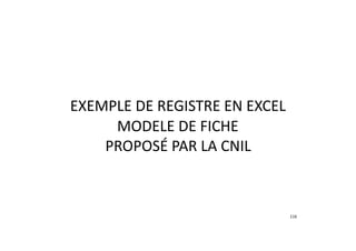 EXEMPLE	DE	REGISTRE	EN	EXCEL	
MODELE	DE	FICHE	
PROPOSÉ	PAR	LA	CNIL
116
 