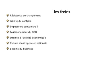 Résistance au changement
crainte du contrôle
Imposer ou convaincre ?
Positionnement du DPO
atteinte à l’activité économique
Culture d’entreprise et nationale
Besoins du business
les freins
 