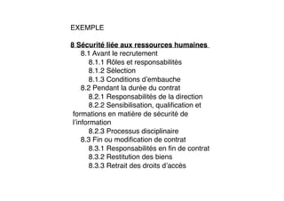EXEMPLE
8 Sécurité liée aux ressources humaines         
    8.1 Avant le recrutement     
        8.1.1 Rôles et responsabilités 
        8.1.2 Sélection 
        8.1.3 Conditions d’embauche 
    8.2 Pendant la durée du contrat     
        8.2.1 Responsabilités de la direction 
        8.2.2 Sensibilisation, qualiﬁcation et
formations en matière de sécurité de
l’information 
        8.2.3 Processus disciplinaire 
    8.3 Fin ou modiﬁcation de contrat     
        8.3.1 Responsabilités en ﬁn de contrat 
        8.3.2 Restitution des biens 
        8.3.3 Retrait des droits d’accès
 