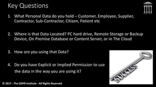 Key Questions
1. What Personal Data do you hold – Customer, Employee, Supplier,
Contractor, Sub-Contractor, Citizen, Patient etc
2. Where is that Data Located? PC hard drive, Remote Storage or Backup
Device, On Premise Database or Content Server, or in The Cloud
3. How are you using that Data?
4. Do you have Explicit or Implied Permission to use
the data in the way you are using it?
© 2017 - The GDPR Institute - All Rights Reserved
 