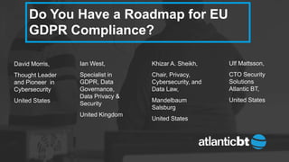 Do You Have a Roadmap for EU
GDPR Compliance?
David Morris,
Thought Leader
and Pioneer in
Cybersecurity
United States
Ian West,
Specialist in
GDPR, Data
Governance,
Data Privacy &
Security
United Kingdom
Ulf Mattsson,
CTO Security
Solutions
Atlantic BT,
United States
Khizar A. Sheikh,
Chair, Privacy,
Cybersecurity, and
Data Law,
Mandelbaum
Salsburg
United States
 