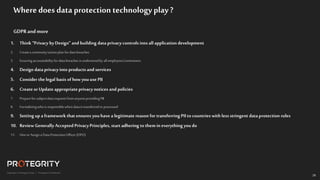 29
29
Where does data protection technology play ?
GDPRandmore
1. Think “Privacy byDesign” and building dataprivacycontrols into all application development
2. Createacontinuity/actionplanfordatabreaches
3. Ensuringaccountabilityfordatabreachesisunderstoodbyallemployees/contractors
4. Design dataprivacy into products and services
5. Consider the legal basis of how you use PII
6. Create or Update appropriateprivacy notices and policies
7. PrepareforsubjectdatarequestsfromanyoneprovidingPII
8. Formalizingwhoisresponsiblewhendataistransferredorprocessed
9. Setting up a framework that ensures you have a legitimate reason for transferring PII to countries with less stringent dataprotection rules
10. Review Generally Accepted PrivacyPrinciples, startadhering to them in everything youdo
11. HireorAssignaDataProtectionOfficer(DPO)
 