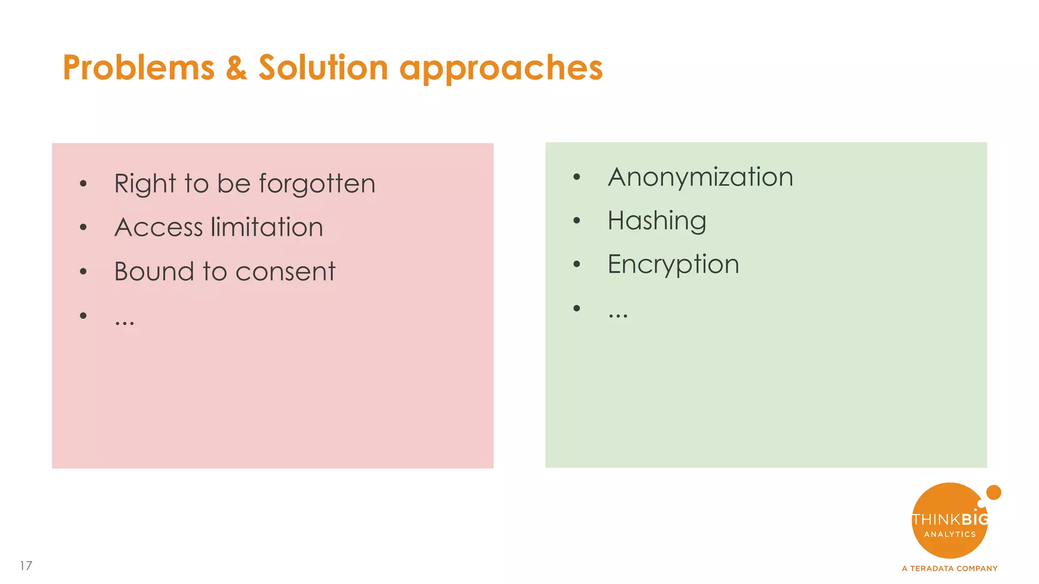 17
Problems & Solution approaches
• Right to be forgotten
• Access limitation
• Bound to consent
• ...
• Anonymization
• Hashing
• Encryption
• ...
 