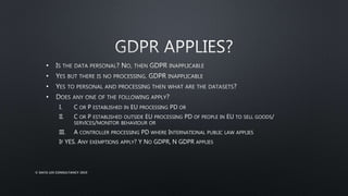 •
•
•
•
I. C OR P ESTABLISHED IN EU PROCESSING PD OR
II. C OR P ESTABLISHED OUTSIDE EU PROCESSING PD OF PEOPLE IN EU TO SELL GOODS/
SERVICES/MONITOR BEHAVIOUR OR
III. A CONTROLLER PROCESSING PD WHERE INTERNATIONAL PUBLIC LAW APPLIES
IF YES. ANY EXEMPTIONS APPLY? Y NO GDPR, N GDPR APPLIES
© DATA LEX CONSULTANCY 2019
 