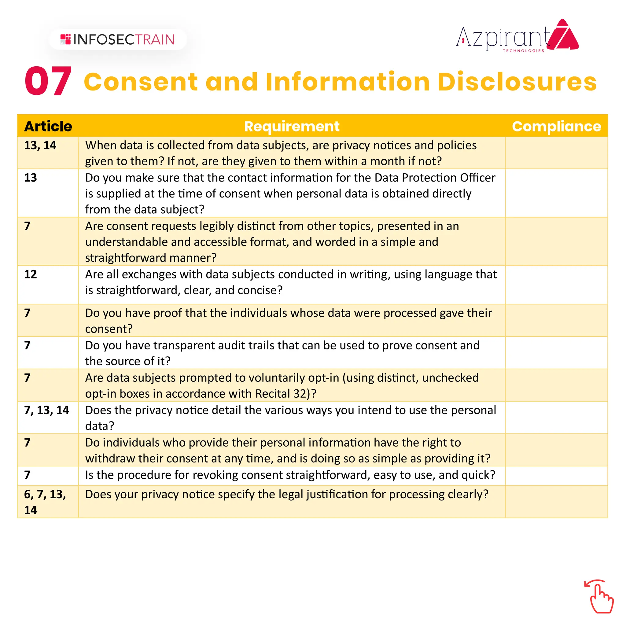 07 Consent and Information Disclosures
Article Requirement Compliance
13, 14 When data is collected from data subjects, are privacy no�ces and policies
given to them? If not, are they given to them within a month if not?
13 Do you make sure that the contact informa�on for the Data Protec�on Oﬃcer
is supplied at the �me of consent when personal data is obtained directly
from the data subject?
7 Are consent requests legibly dis�nct from other topics, presented in an
understandable and accessible format, and worded in a simple and
straigh�orward manner?
12 Are all exchanges with data subjects conducted in wri�ng, using language that
is straigh�orward, clear, and concise?
7 Do you have proof that the individuals whose data were processed gave their
consent?
7 Do you have transparent audit trails that can be used to prove consent and
the source of it?
7 Are data subjects prompted to voluntarily opt-in (using dis�nct, unchecked
opt-in boxes in accordance with Recital 32)?
7, 13, 14 Does the privacy no�ce detail the various ways you intend to use the personal
data?
7 Do individuals who provide their personal informa�on have the right to
withdraw their consent at any �me, and is doing so as simple as providing it?
7 Is the procedure for revoking consent straigh�orward, easy to use, and quick?
6, 7, 13,
14
Does your privacy no�ce specify the legal jus�ﬁca�on for processing clearly?
 