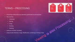 TERMS – PROCESSING
• Processing could pertain any operations performed on personal data
• This could be: -
• Collecting
• Storing
• Using
• Sending
• Deleting
• Collection includes ‘recording’
• Using includes Retrieval, Usage, Modification, combining or linking of data
 