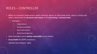 ROLES – CONTROLLER
• Refers to a natural or legal person, public authority, agency or other body which, alone or jointly with
others, determines the purposes and means of the processing of personal data
• Examples: -
• Organizations
• Professional Bodies
• Non-Profit Entities
• Government Agencies
• Data Controllers can be jointly responsible across entities
• Accountable for GDPR compliance
• Upholds Data Subjects’ rights
 