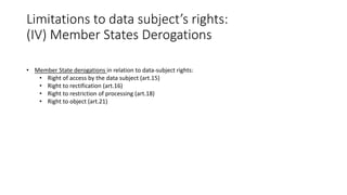 Limitations to data subject’s rights:
(IV) Member States Derogations
• Member State derogations in relation to data-subjec...