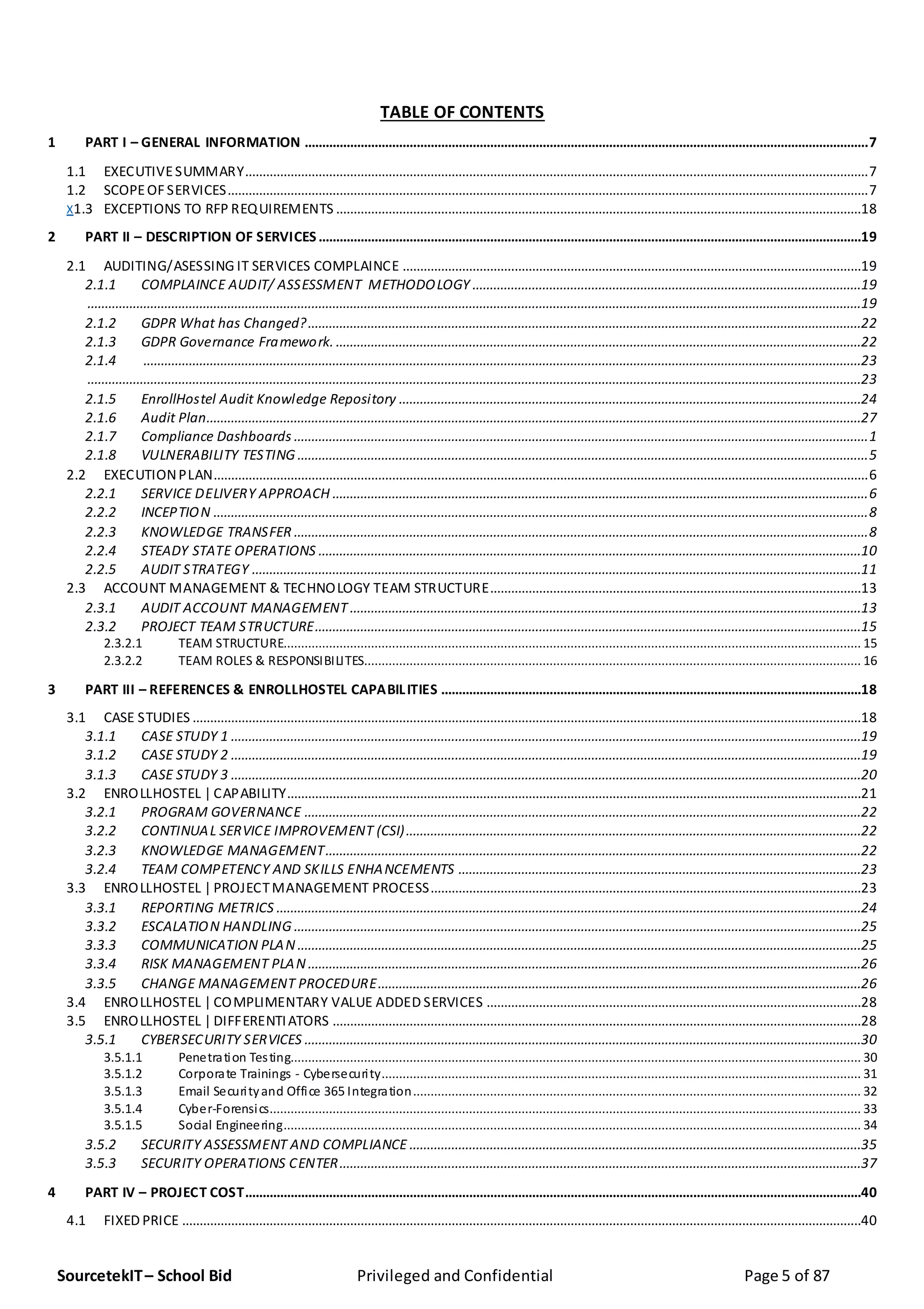 SourcetekIT– School Bid Privileged and Confidential Page 5 of 87
TABLE OF CONTENTS
1 PART I – GENERAL INFORMATION .................................................................................................................................................................7
1.1 EXECUTIVESUMMARY..................................................................................................................................................................................7
1.2 SCOPEOF SERVICES.......................................................................................................................................................................................7
X1.3 EXCEPTIONS TO RFP REQUIREMENTS ......................................................................................................................................................18
2 PART II – DESCRIPTION OF SERVICES...........................................................................................................................................................19
2.1 AUDITING/ASESSING IT SERVICES COMPLAINCE ...................................................................................................................................19
2.1.1 COMPLAINCE AUDIT/ ASSESSMENT METHODOLOGY ...............................................................................................................19
.............................................................................................................................................................................................................................19
2.1.2 GDPR What has Changed?..............................................................................................................................................................22
2.1.3 GDPR Governance Framework. ......................................................................................................................................................22
2.1.4 .............................................................................................................................................................................................................23
.............................................................................................................................................................................................................................23
2.1.5 EnrollHostel Audit Knowledge Repository ....................................................................................................................................24
2.1.6 Audit Plan...........................................................................................................................................................................................27
2.1.7 Compliance Dashboards ....................................................................................................................................................................1
2.1.8 VULNERABILITY TESTING ...................................................................................................................................................................5
2.2 EXECUTIONPLAN...........................................................................................................................................................................................6
2.2.1 SERVICE DELIVERY APPROACH .........................................................................................................................................................6
2.2.2 INCEPTION ...........................................................................................................................................................................................8
2.2.3 KNOWLEDGE TRANSFER ....................................................................................................................................................................8
2.2.4 STEADY STATE OPERATIONS ...........................................................................................................................................................10
2.2.5 AUDIT STRATEGY ..............................................................................................................................................................................11
2.3 ACCOUNT MANAGEMENT & TECHNOLOGY TEAM STRUCTURE..........................................................................................................13
2.3.1 AUDIT ACCOUNT MANAGEMENT ..................................................................................................................................................13
2.3.2 PROJECT TEAM STRUCTURE............................................................................................................................................................15
2.3.2.1 TEAM STRUCTURE..................................................................................................................................................................... 15
2.3.2.2 TEAM ROLES & RESPONSIBILITES.............................................................................................................................................. 16
3 PART III – REFERENCES & ENROLLHOSTEL CAPABILITIES ........................................................................................................................18
3.1 CASE STUDIES ...............................................................................................................................................................................................18
3.1.1 CASE STUDY 1 ....................................................................................................................................................................................19
3.1.2 CASE STUDY 2 ....................................................................................................................................................................................19
3.1.3 CASE STUDY 3 ....................................................................................................................................................................................20
3.2 ENROLLHOSTEL | CAPABILITY....................................................................................................................................................................21
3.2.1 PROGRAM GOVERNANCE ...............................................................................................................................................................22
3.2.2 CONTINUAL SERVICE IMPROVEMENT (CSI)..................................................................................................................................22
3.2.3 KNOWLEDGE MANAGEMENT.........................................................................................................................................................22
3.2.4 TEAM COMPETENCY AND SKILLS ENHANCEMENTS ...................................................................................................................23
3.3 ENROLLHOSTEL | PROJECTMANAGEMENT PROCESS...........................................................................................................................23
3.3.1 REPORTING METRICS .......................................................................................................................................................................24
3.3.2 ESCALATION HANDLING ..................................................................................................................................................................25
3.3.3 COMMUNICATION PLAN .................................................................................................................................................................25
3.3.4 RISK MANAGEMENT PLAN..............................................................................................................................................................26
3.3.5 CHANGE MANAGEMENT PROCEDURE..........................................................................................................................................26
3.4 ENROLLHOSTEL | COMPLIMENTARY VALUE ADDED SERVICES ...........................................................................................................28
3.5 ENROLLHOSTEL | DIFFERENTIATORS .......................................................................................................................................................28
3.5.1 CYBERSECURITY SERVICES ...............................................................................................................................................................30
3.5.1.1 Penetration Testing................................................................................................................................................................... 30
3.5.1.2 Corporate Trainings - Cybersecurity......................................................................................................................................... 31
3.5.1.3 Email Securityand Office 365 Integration................................................................................................................................ 32
3.5.1.4 Cyber-Forensics......................................................................................................................................................................... 33
3.5.1.5 Social Engineering..................................................................................................................................................................... 34
3.5.2 SECURITY ASSESSMENT AND COMPLIANCE .................................................................................................................................35
3.5.3 SECURITY OPERATIONS CENTER.....................................................................................................................................................37
4 PART IV – PROJECT COST................................................................................................................................................................................40
4.1 FIXED PRICE ..................................................................................................................................................................................................40
 