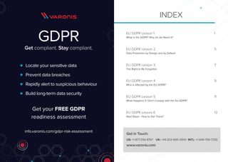 GDPR
Get compliant. Stay compliant.
Get your FREE GDPR
readiness assessment
Locate your sensitive data
Prevent data breaches
Rapidly alert to suspicious behaviour
Build long-term data security
info.varonis.com/gdpr-risk-assessment
EU GDPR Lesson 1							1
What is the GDPR? Why do we Need it?	
EU GDPR Lesson 2							5
Data Protection by Design and by Default
EU GDPR Lesson 3							7
The Right to Be Forgotten
EU GDPR Lesson 4							9
Who is affected by the EU GDPR?
EU GDPR Lesson 5							11
What Happens if I Don’t Comply with the EU GDPR?
EU GDPR Lesson 6							13
Next Steps - How to Get There?
INDEX
Get in Touch:
US: +1-877-292-8767	 UK: +44-203-695-3900 INTL: +1-646-706-7336
www.varonis.com
 