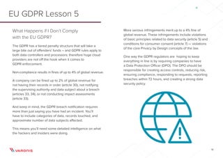 12
What Happens if I Don’t Comply
with the EU GDPR?
The GDPR has a tiered penalty structure that will take a
large bite out of offenders’ funds – and GDPR rules apply to
both data controllers and processors: therefore huge cloud
providers are not off the hook when it comes to
GDPR enforcement.
Non-compliance results in fines of up to 4% of global revenue.
A company can be fined up to 2% of global revenue for
not having their records in order (article 30), not notifying
the supervising authority and data subject about a breach
(articles 33, 34), or not conducting impact assessments
(article 33).
And keep in mind, the GDPR breach notification requires
more than just saying you have had an incident. You’ll
have to include categories of data, records touched, and
approximate number of data subjects affected.
This means you’ll need some detailed intelligence on what
the hackers and insiders were doing.
More serious infringements merit up to a 4% fine of
global revenue. These infringements include violations
of basic principles related to data security (article 5) and
conditions for consumer consent (article 7) — violations
of the core Privacy by Design concepts of the law.
One way the GDPR regulators are hoping to keep
everything in line is by requiring companies to have
a Data Protection Officer (DPO). The DPO should be
responsible for creating access controls, reducing risk,
ensuring compliance, responding to requests, reporting
breaches within 72 hours, and creating a strong data
security policy.
EU GDPR Lesson 5
 