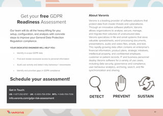 23
Get your free GDPR
Readiness Assessment
Our team will do all the heavy-lifting for you:
setup, configuration, and analysis with concrete
steps to improve your General Data Protection
Regulation compliance.
YOUR DEDICATED ENGINEER WILL HELP YOU:
•	 Identify in-scope GDPR data
•	 Find and revoke excessive access to personal information
•	 Audit user activity and detect risky behaviour / ransomware
•	 Identify and prioritize gaps in GDPR compliance
Schedule your assessment!
About Varonis
Varonis is a leading provider of software solutions that
protect data from insider threats and cyberattacks.
Through an innovative software platform, Varonis
allows organizations to analyse, secure, manage,
and migrate their volumes of unstructured data.
Varonis specializes in file and email systems that store
valuable spreadsheets, word processing documents,
presentations, audio and video files, emails, and text.
This rapidly growing data often contains an enterprise’s
financial information, product plans, strategic initiatives,
intellectual property, and confidential employee,
customer or patient records. IT and business personnel
deploy Varonis software for a variety of use cases,
including data security, governance and compliance,
user behaviour analytics, archiving, search, and file
synchronization and sharing.
DETECT PREVENT SUSTAIN
Get in Touch:
US: +1-877-292-8767	 UK: +0-800-756-9784	 INTL: +1-646-706-7336
info.varonis.com/gdpr-risk-assessment
 
