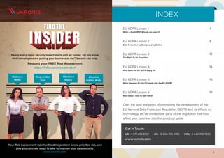 3
INDEX
EU GDPR Lesson 1							4
What is the GDPR? Why do we need it?	
EU GDPR Lesson 2							8
Data Protection by Design and by Default
EU GDPR Lesson 3							12
The Right To Be Forgotten
EU GDPR Lesson 4							14
Who Does the EU GDPR Apply To?
EU GDPR Lesson 5							16
What Happens if I Don’t Comply with the EU GDPR?
EU GDPR Lesson 6							18
Next Steps - How to Get There?
Over the past few years of monitoring the development of the
EU General Data Protection Regulation (GDPR) and its effects on
technology, we’ve distilled the parts of the regulation that most
affect your business into this practical guide.
Your Risk Assessment report will outline problem areas, prioritize risk, and
give you concrete steps to take to improve your data security.
www.varonis.com
FIND THEFIND THE
3
Get in Touch:
US: +1-877-292-8767	 UK: +0-800-756-9784	 INTL: +1-646-706-7336
www.varonis.com
 