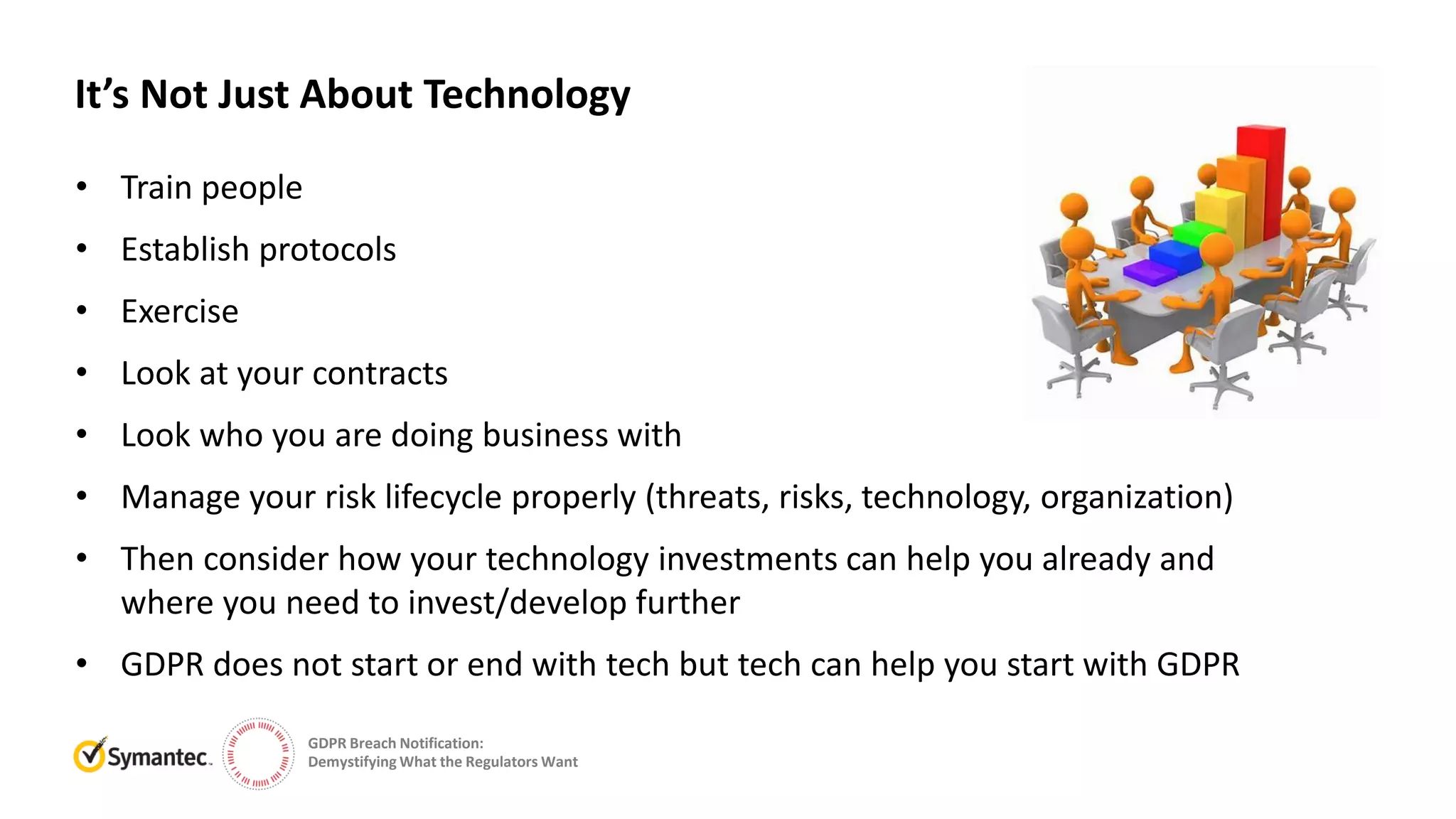 GDPR Breach Notification:
Demystifying What the Regulators Want
• Train people
• Establish protocols
• Exercise
• Look at your contracts
• Look who you are doing business with
• Manage your risk lifecycle properly (threats, risks, technology, organization)
• Then consider how your technology investments can help you already and
where you need to invest/develop further
• GDPR does not start or end with tech but tech can help you start with GDPR
It’s Not Just About Technology
 