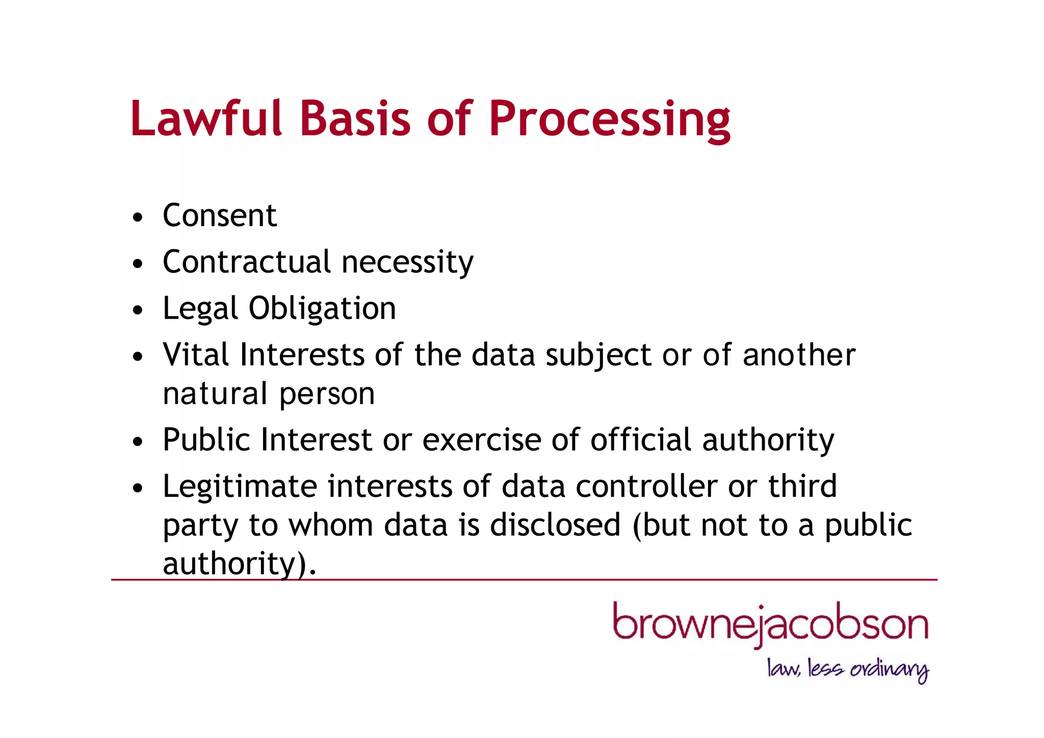 Lawful Basis of Processing
• Consent
• Contractual necessity
• Legal Obligation
• Vital Interests of the data subject or of another
natural person
• Public Interest or exercise of official authority
• Legitimate interests of data controller or third
party to whom data is disclosed (but not to a public
authority).
 