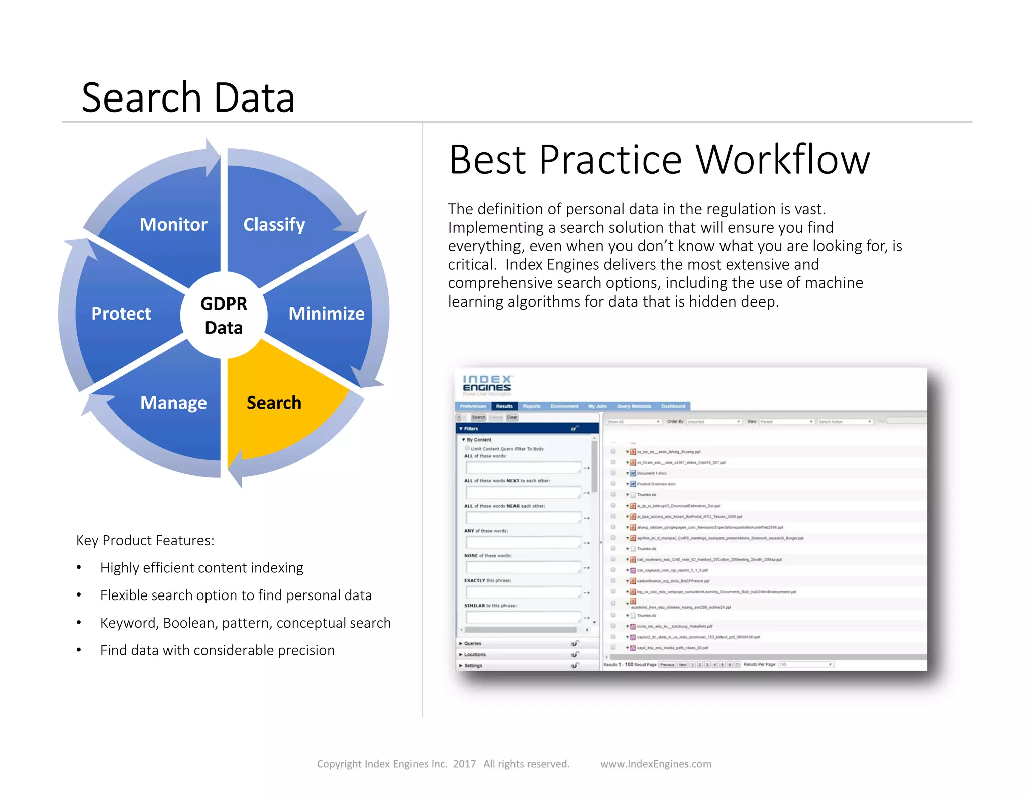 Search Data
Best Practice Workflow
The definition of personal data in the regulation is vast.
Implementing a search solution that will ensure you find
everything, even when you don’t know what you are looking for, is
critical. Index Engines delivers the most extensive and
comprehensive search options, including the use of machine
learning algorithms for data that is hidden deep.
Key Product Features:
• Highly efficient content indexing
• Flexible search option to find personal data
• Keyword, Boolean, pattern, conceptual search
• Find data with considerable precision
ClassifyClassify
MinimizeMinimize
SearchSearchManageManage
ProtectProtect
MonitorMonitor
GDPR
Data
 