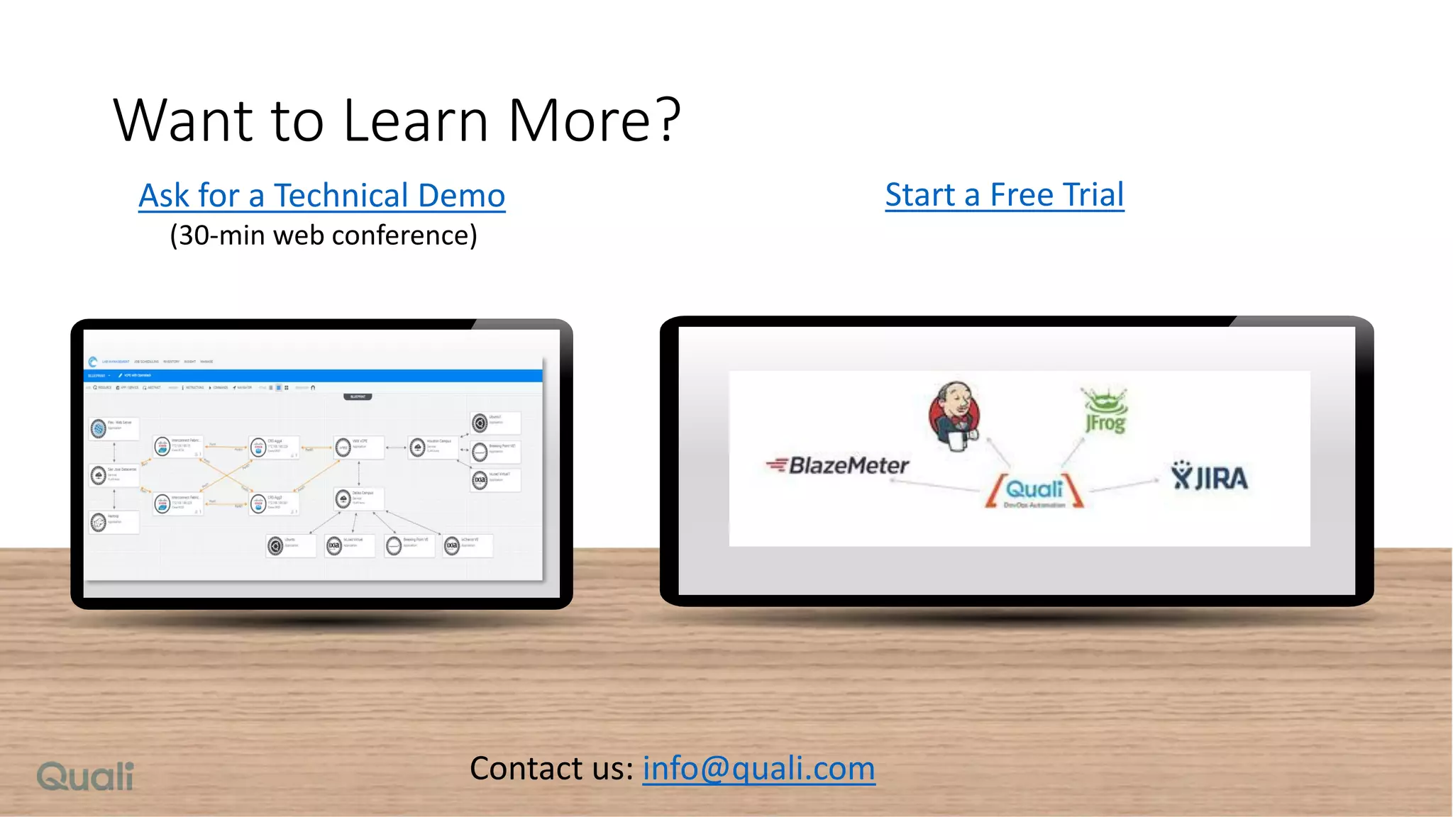 Ask for a Technical Demo
(30-min web conference)
Start a Free Trial
Want to Learn More?
Contact us: info@quali.com
 