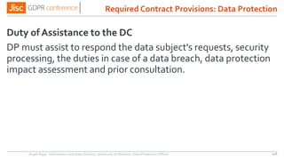 Duty of Assistance to the DC
DP must assist to respond the data subject's requests, security
processing, the duties in case of a data breach, data protection
impact assessment and prior consultation.
Anjeli Bajaj - Information and Data Director, University of Warwick. Data Protection Officer 108
Required Contract Provisions: Data Protection
 