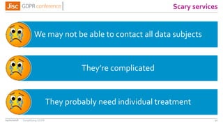 Scary services
04/01/2018 41
We may not be able to contact all data subjects
They’re complicated
They probably need individual treatment
Simplifying GDPR
 
