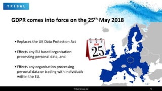 General Data
Protection Regulation
•Replaces the UK Data Protection Act
•Effects any EU based organisation
processing personal data, and
•Effects any organisation processing
personal data or trading with individuals
within the EU.
2018
GDPR comes into force on the 25th May 2018
Tribal Group plc 72
 