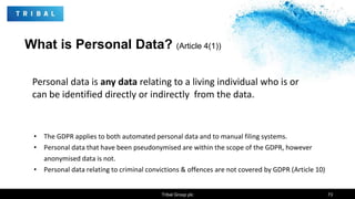 What is Personal Data? (Article 4(1))
Tribal Group plc 73
Personal data is any data relating to a living individual who is or
can be identified directly or indirectly from the data.
• The GDPR applies to both automated personal data and to manual filing systems.
• Personal data that have been pseudonymised are within the scope of the GDPR, however
anonymised data is not.
• Personal data relating to criminal convictions & offences are not covered by GDPR (Article 10)
 